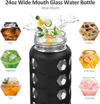 MUKOKO 24oz Glass Water Bottle with 2 Lids-Handle Flip Lid&Bamboo Straw Lid,Motivational Water Tumbler with Time Marker Reminder and Silicone Sleeve, Leakproof-Black