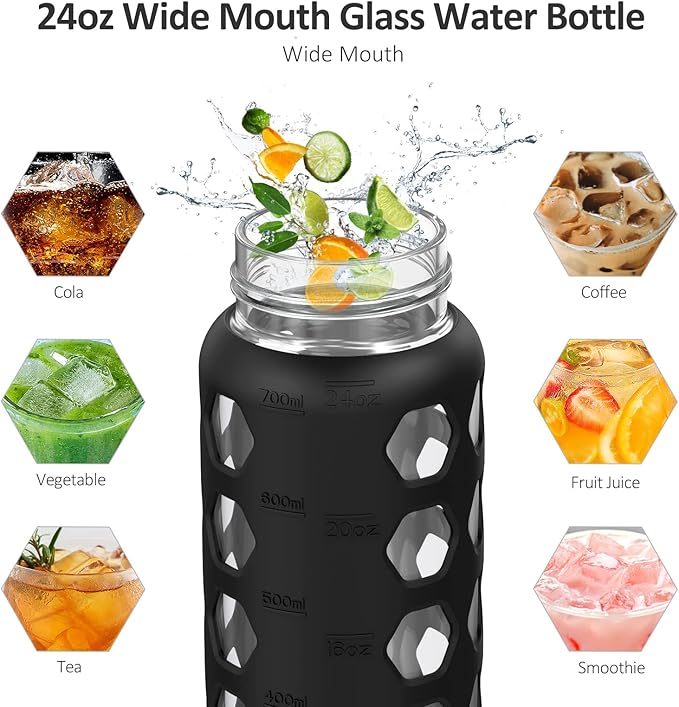 MUKOKO 24oz Glass Water Bottle with 2 Lids-Handle Flip Lid&Bamboo Straw Lid,Motivational Water Tumbler with Time Marker Reminder and Silicone Sleeve, Leakproof-Black