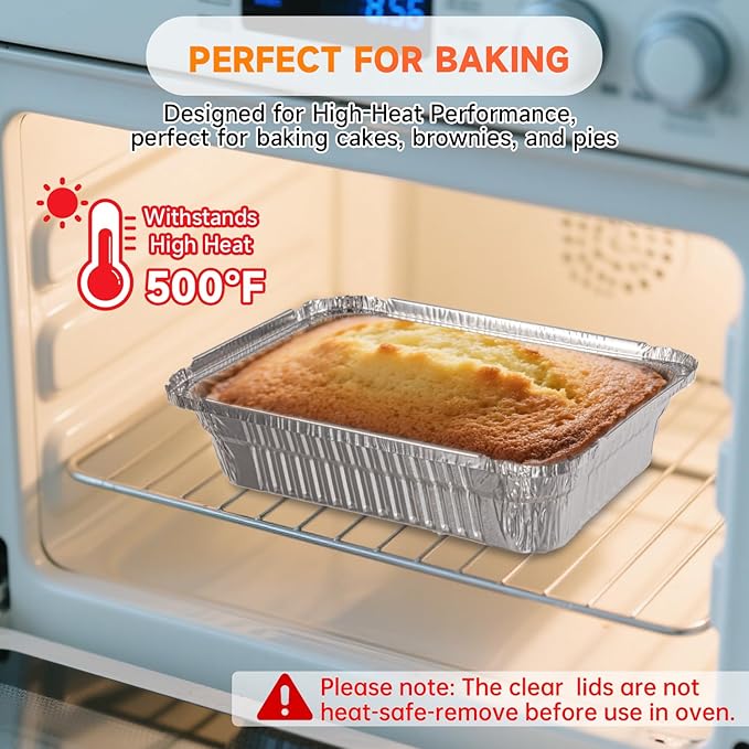 Aluminum Pans with Clear Lids - 50 Pack 2.25LB Capacity Disposable Pans with Plastic Dome Lids, 8.5”x6” Heavy Duty Tin Foil Pans for Cake Baking, Cooking, Heating, Storing, Prepping Food