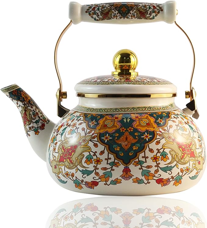Floral Enamel Tea Kettle Vintage Gold Beige Teapot Colorful Boho Hot Water Coffee Kettle Pot 2.5L Porcelain Tea Pot with Ceramic Handle for Stovetop Hot Water Kitchen Decor