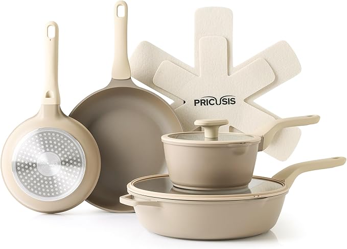 Nonstick Pots and Pans Set, 9 Pieces Non Toxic Cookware, Nonstick Pan Skillet, Healthy Frying Pan, PFOA Free, Induction Compatible, Natural Linen