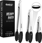 Kitchen Tongs with Silicone Tips, Heat Resistant 600 Degrees All Metal handle Locking Tongs For Cooking with Rubber Tips, Heavy Duty Stainless steel Food Tongs, Set of 3-7" 9" & 12" Black