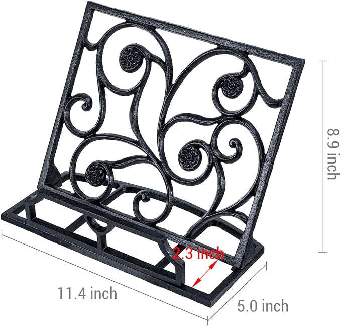 MyGift Black Metal Cookbook Holder Stand with Decorative Cookbook Word Cutout and Tree Silhouette Design, Countertop Recipe Book Tablet Easel Holder with Folding Kickstand (Art Deco)