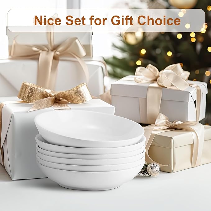 Jassceram 8.5inch Pasta Bowls Set of 6, 36 OZ Salad Plates,Ceramic Serving Bowls for Soup,Noodle,Deep Enough for Kitchen and Dining, Microwave,Oven and Dishwasher Safe,Off White