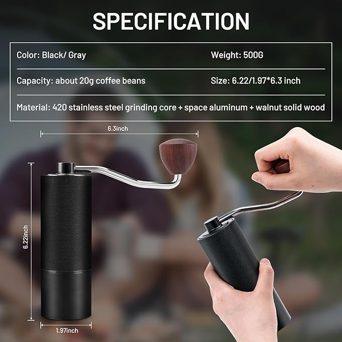 T-mark Manual Coffee Grinder, Portable Adjustable Coffee Grinder 6-Cell CNC Stainless Steel Conical Burr Grinder for Travel Home