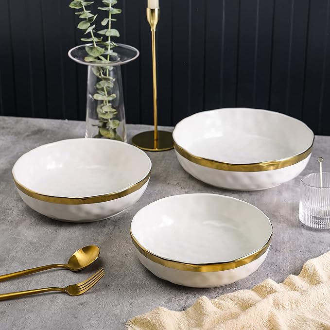 Stone Lain Florian Porcelain 3-Piece Round Shallow Bowl Service Set, White wit Gold Rim