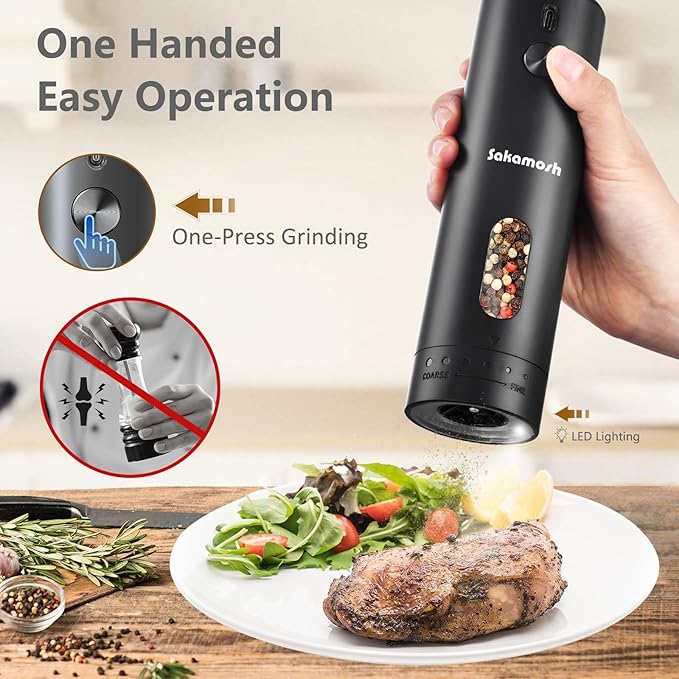 Electric Black Pepper Grinder Set Rechargeable, Larger Capacity Top-Refill Automatic Salt Grinder and Pepper Mill with 6 Adjustable Coarseness, LED Light, One-Handed Operation for Home (2 Pack)