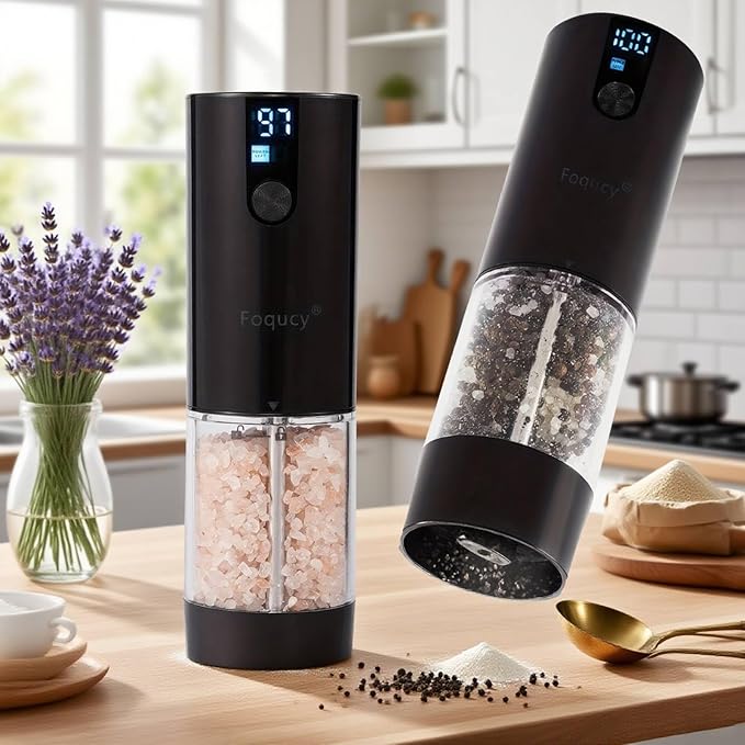 Fresh World 2Pack Electric Salt and Pepper Grinder Set Rechargeable with LED Light, Adjustable Coarseness Large Capacity Automatic Salt Pepper Mill Grinder for Kitchen, Restaurant, Outdoor, Black
