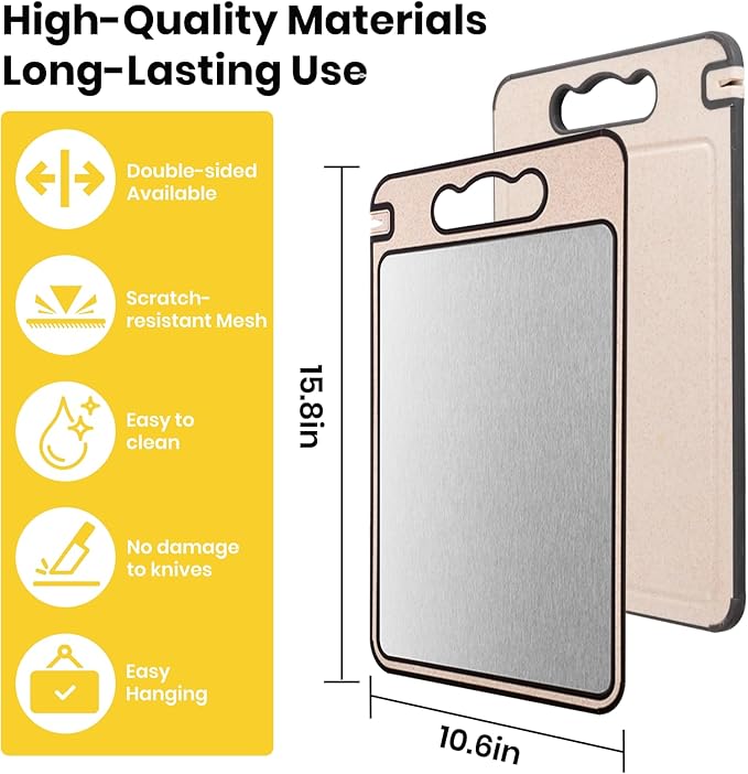 2-IN-1 Titanium Cutting Board for Kitchen Pure Titanium and Wheat Straw PP Scratch-Resistant 15.8x10.6 Inch, (Beige Titanium)