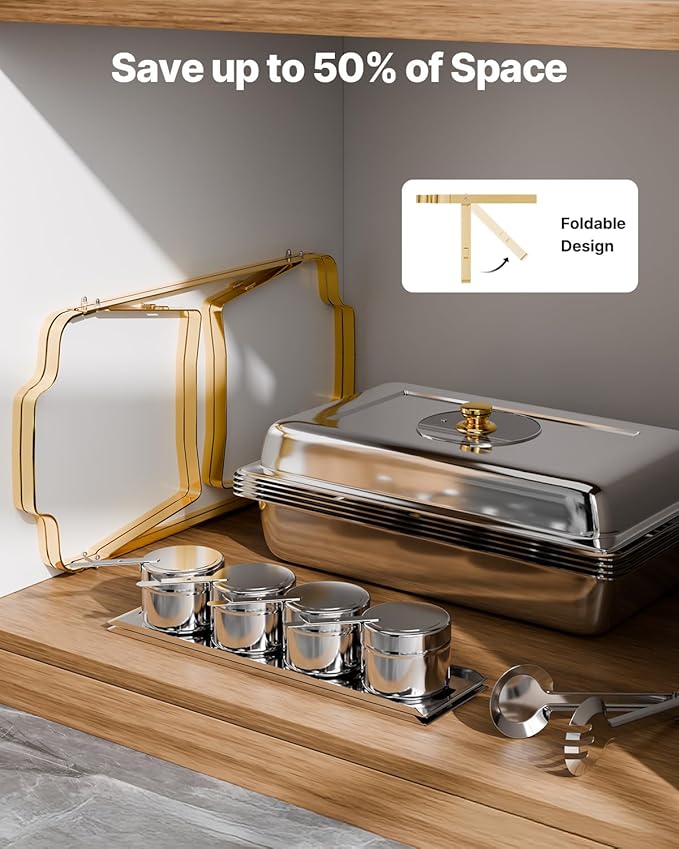 VEVOR Chafing Dish Buffet Set,8 Qt 2 Pack, Stainless Steel Chafer with 4 Half Size Pans, Rectangle Catering Warmer Server with Glass Lid Water Pan Folding Stand Fuel Holder, for Wedding Party Banquet