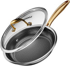 Fogdream 8” Stainless Steel Pan, Non Stick Frying Skillet with Lid, Tri-Ply Stainless Steel for All Cooktops, Dishwasher and Oven-Safe Cooking Pan, Stay-Cool Handle, Gold