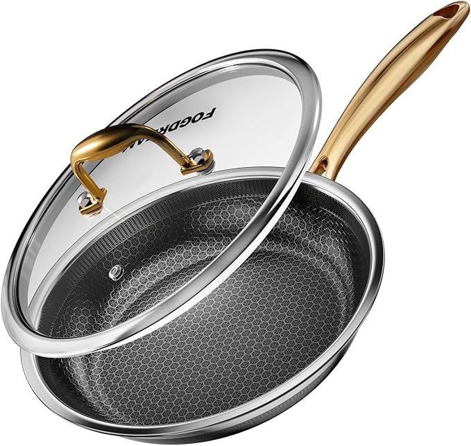 Fogdream 8” Stainless Steel Pan, Non Stick Frying Skillet with Lid, Tri-Ply Stainless Steel for All Cooktops, Dishwasher and Oven-Safe Cooking Pan, Stay-Cool Handle, Gold