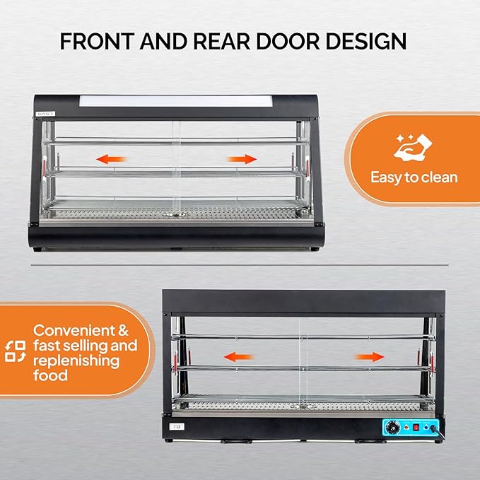 ROVSUN 48" Food Warmer Pizza Warmer Countertop, 3-Tier Food Warmer Display Pretzel Warmer w/LED Adjustable Removable Shelves Front & Rear Doors, Pastry Display Case for Buffet Restaurant, 1800W