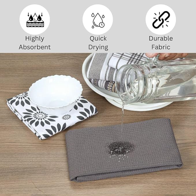 Assorted Kitchen Towels 100% Cotton Large 16x26 Inch Set of 5 - Soft Highly Absorbent Durable Reusable - Perfect for Drying Cleaning Everyday Kitchen Use - Quick Drying Dish Towels Grey