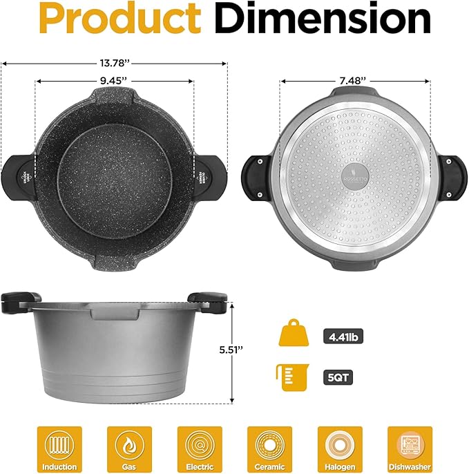5 Quart Pasta Pot with Strainer Lid, Multipurpose Stock Pot Spaghetti Pot, PFOA free, Three-layer Non-stick coating, Dishwasher Safe, Tempered Glass Lockable Lid, Cast Aluminium, Grey