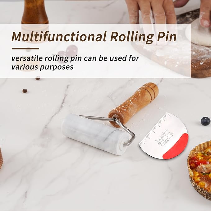 Small Marble Rolling Pin Pizza Roller with Dough Scraper Cutter, Marble Roller Non-Stick T-Type, For Cake Baking Tortilla Fudge Pizza Cookies and Other Kitchen Baking Cooking(White)