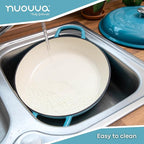 Shallow Cast Iron Casserole with Lid – Non Stick Dutch Oven Pot, Oven Safe up to 500° F – Sturdy Ovenproof Stockpot Cookware – Enamelled Cooking Pot – Blue, 5-Quart, 32cm – by Nuovva