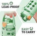 MUKOKO 32 oz Glass Tumbler with Straw,Glass Water Bottles with Time Marker,Iced Coffee Cup with 2 Lids-Handle Spout Lid&Straw Lid,Silicone Sleeve,Leakproof,1 Pack-Green