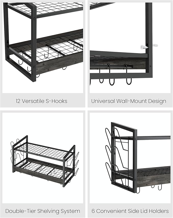 Hanging Pot Rack, Pot Rack Wall Mounted, 2-Tier Kitchen Pot and Lid Organizer, Wall-Mounted Cookware Holder with 12 Hooks, for Kitchen Storage of Pots, Pans, Utensils, Charcoal Black TPR02BC