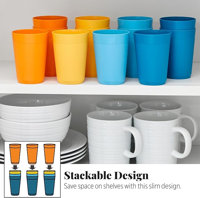 US Acrylic Newport 10 ounce Unbreakable Plastic Stackable Juice Tumblers in 4 Sunrise Colors | Set of 12 Drinking Cups | Reusable, BPA-free, Made in the USA, Top-rack Dishwasher and Microwave Safe