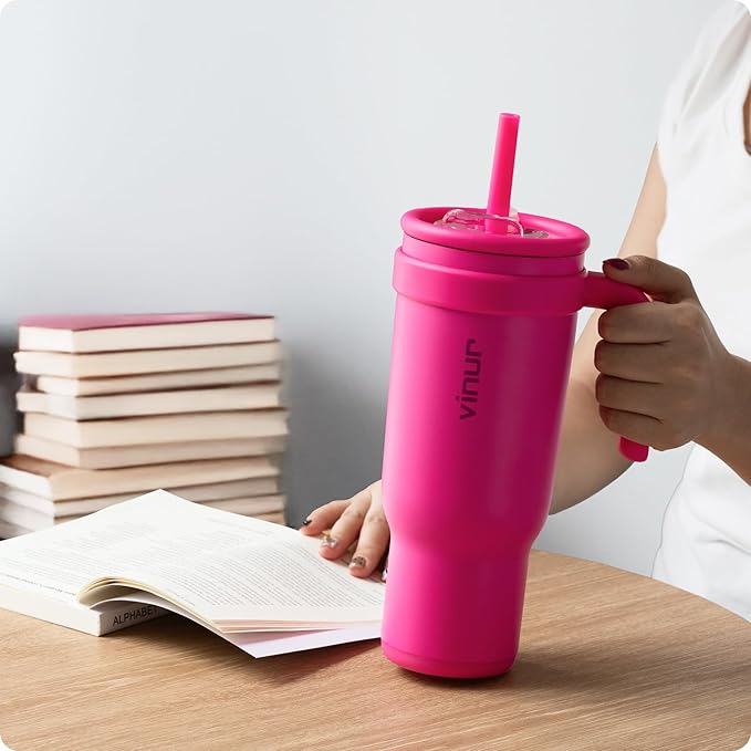 VINUR 40 oz Tumbler with Handle and Straw Lid-Reusable Stainless Steel Insulated Tumbler Cup for Water Coffee, Leakproof Travel Mug with Rubber Base (Rose Red)