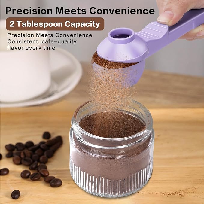 2-in-1 Coffee Scoop with Funnel, 2 Teaspoon Measuring Spoon for Reusable Pods, Ground Coffee, Protein Powder & Tea, Mess-Free Plastic Design (Light Purple)