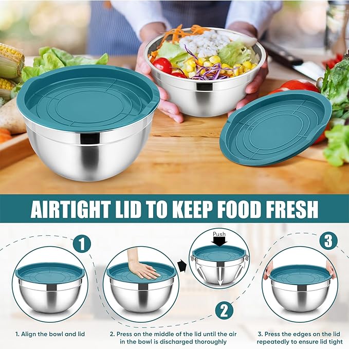 P&P CHEF Blue Mixing Bowls with Lids, Set of 3, Stainless Steel Salad Nesting Bowl for Mixing, Storing, Prepping, Airtight & Stackable, Size 4.6/3 /1.5 QT