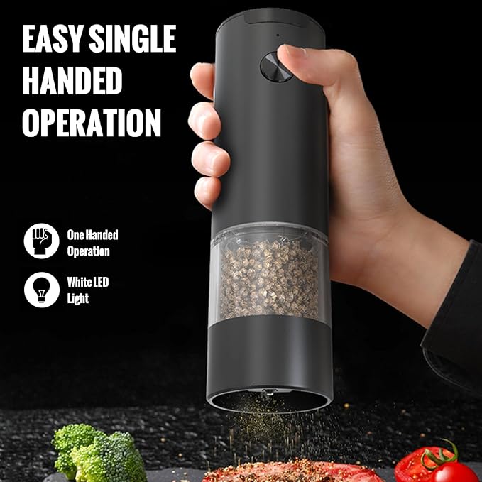 Electric Pepper Grinder or Salt Mill, Battery Operated Automatic Pepper Mill with LED Light, One-handed Operation Button Control, Adjustable Coarseness, Refillable, 70ml, Black (1 Pack)