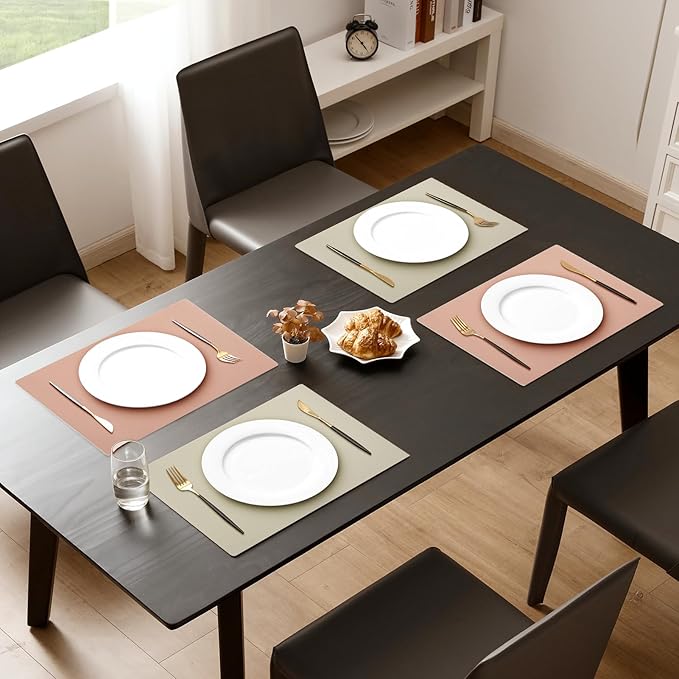 MOSAYT Vinyl Placemats Set of 8, Heat Resistant Place Mats 100% Waterproof Washable & Wipeable Faux Leather Reversible Table Mats for Kitchen Dining Party Indoor Outdoor, 12" x 17", Beige/Pink