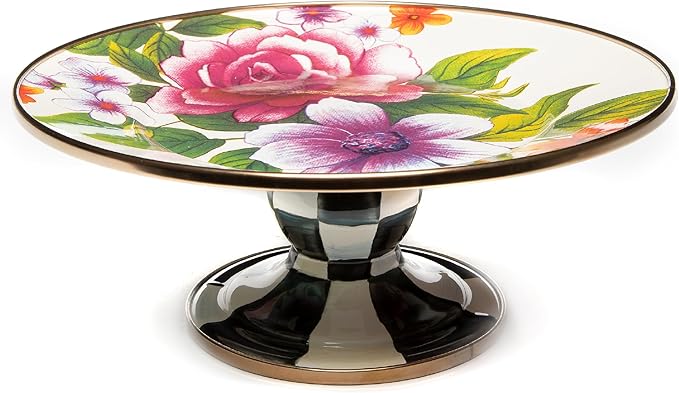 MACKENZIE-CHILDS Enamel Pedestal Platter, Round Cake Stand, Mini White Flower Market