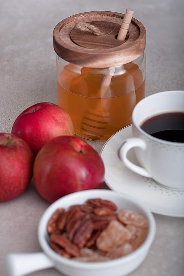 Honey Jar Pot Glass Holder Dispenser Set with Wooden Dipper Stick and Acacia Lid Cover for Home Kitchen, Clear, Modern Honey Syrup Glass Container for Storage Gift, Honey Pot and Drizzler (14 Oz)