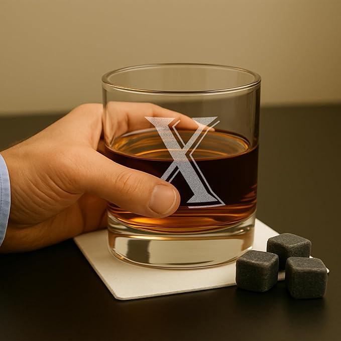 (X-Monogram)- 4 Piece Set of 11 Ounce Engraved Heavy Base Rocks Glasses- Quality Elegant Glass-Multi-Purpose Beverage-Rocks Glass- For any Occasion- By: On The Rox