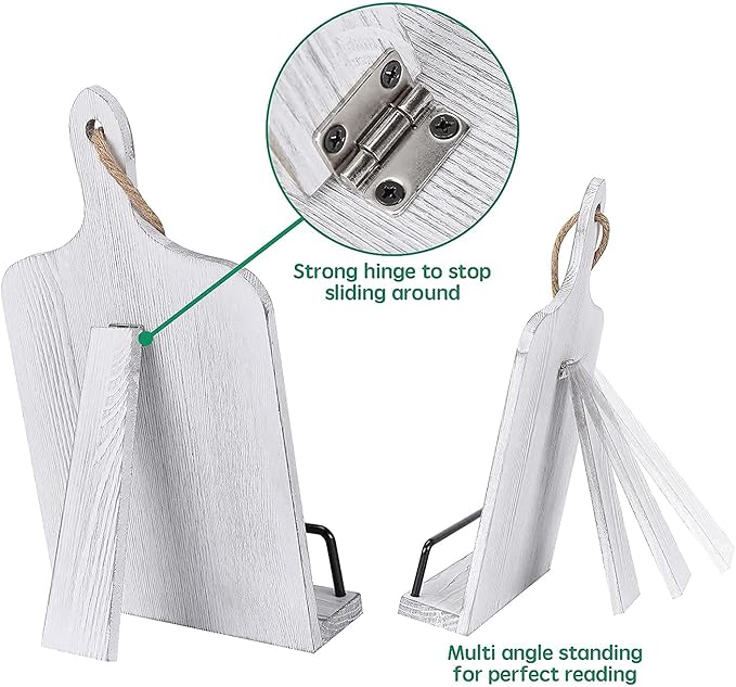 Soligt Cookbook Stand for Kitchen Counter Adjustable Recipe Book Holder Rustic Wood Cutting Board Style - White