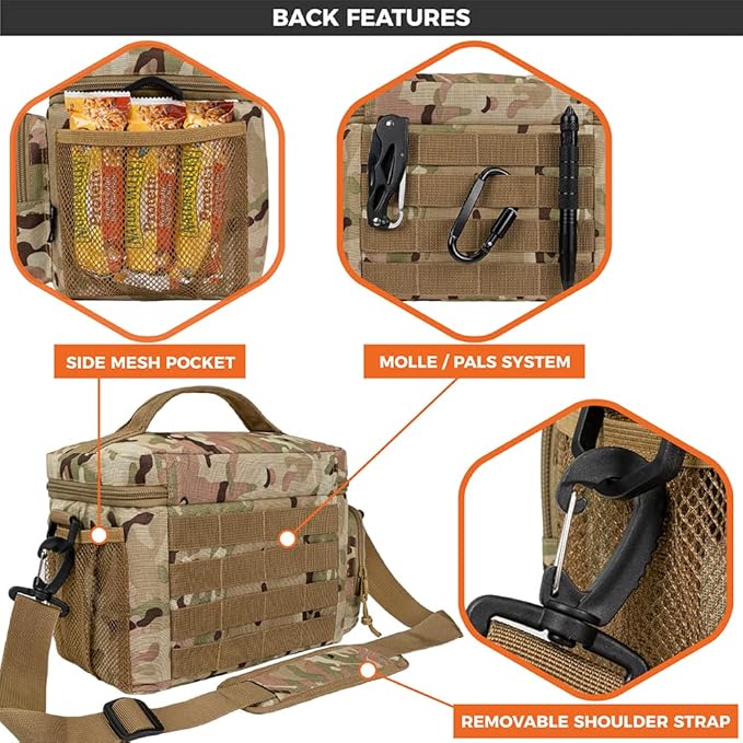 opux Tactical Lunch Box for Men, Camo Mens Insulated Lunch Bag for Adult, Leakproof Soft Lunch Cooler with MOLLE Mesh Side Pockets, Multicam Heavy Duty Lunchbox Pail for Work Women, Medium 10 Cans