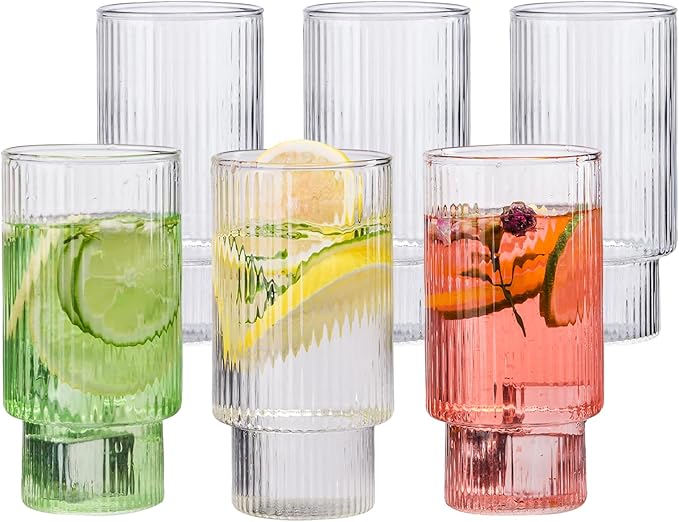 Ribbed Drinking Glasses Set of 6, 14oz Water Glasses,Vintage Glass Cups,Clear Glass Tumbler,Ribbed Glassware for Cocktail,Iced Coffee,Juice,Mojito,Decor,Gifts
