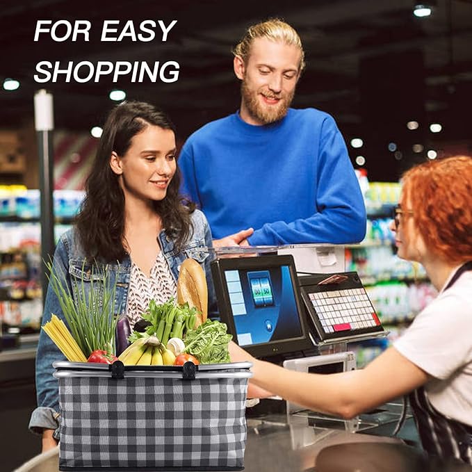 Insulated Picnic Basket,Collapsible Cooler Bag,32L Grocery Basket with Lid,2 Sturdy Handles,Storage Basket for Picnic,Food Delivery,Take Outs,Market Shopping,Travel (Black Grid)