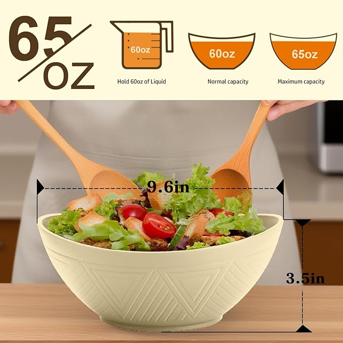 Homienly Salad Bowls Set of 6, 60 OZ Large Wheat Straw Bowls for Kitchen, Camping, Party, Unbreakable Lightweight Popcorn Bowl, Microwave and Dishwasher Safe Bowl Set with Unique Texture - Beige
