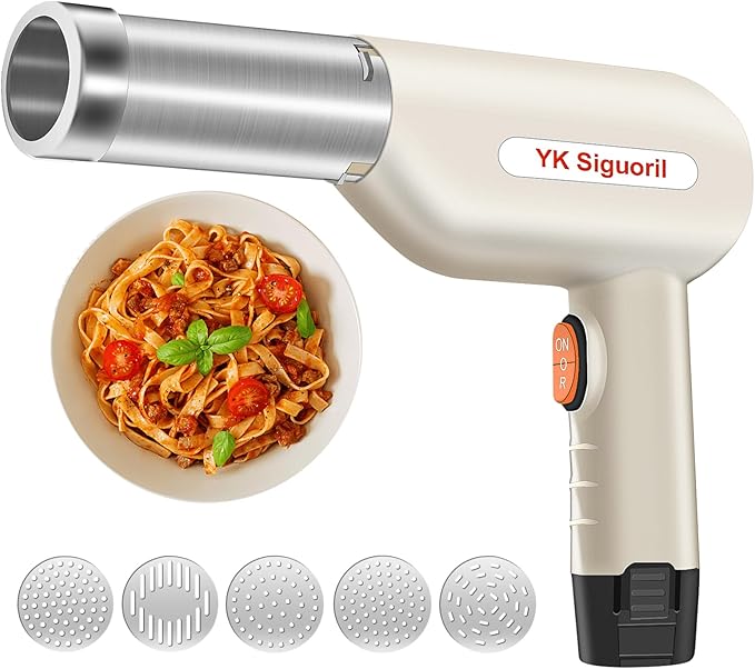 Handheld Electric Pasta Maker 5-in-1 Cordless Pasta Maker Machine Automatic Noodle Press Machine for Homemade Spaghetti, Portable Noodle Maker with Dough Cutter, Quick and Easy to Clean