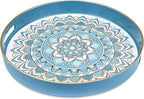 Round Cyan Decorative Tray for Coffee Table, Ottoman, 13” Plastic Serving Platter Tray with Handles for Entertaining, Living Room
