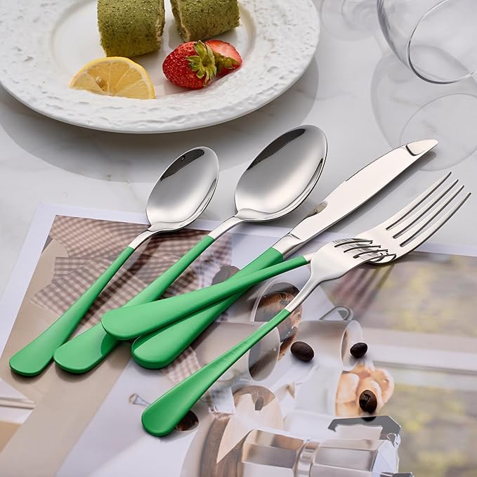 Grass Green Silverware Set 20 Piece 18/0 Stainless Steel Flatware Grass Green Handle Cutlery Set Service for 4 Fork Knife Spoon Set Mirror Finish Dishwasher Safe
