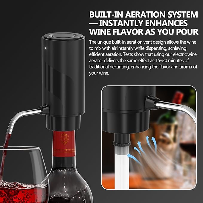 Wine Aerator Electric Decanter – Automatic Wine Dispenser & Pourer with Type-C Rechargeable Battery, Instant Aeration Wine Accessories for Red & White Wine, Christmas Gift for Wine Lovers