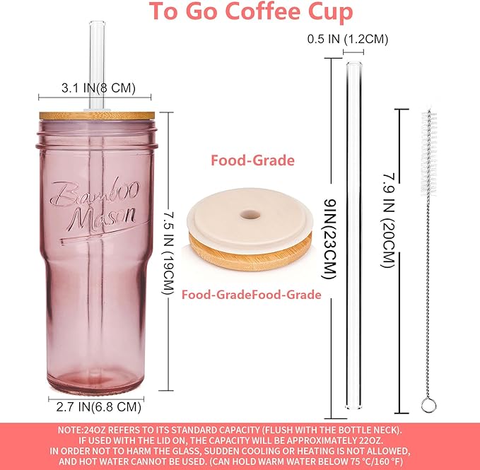 ANOTION Glass Cups with Lids and Straws, 24oz Pink Glass Tumbler Travel Coffee Mug Bamboo Mason Jar Iced Cup Smoothie Tea Clear Cute Water Drinking Jars Glasses