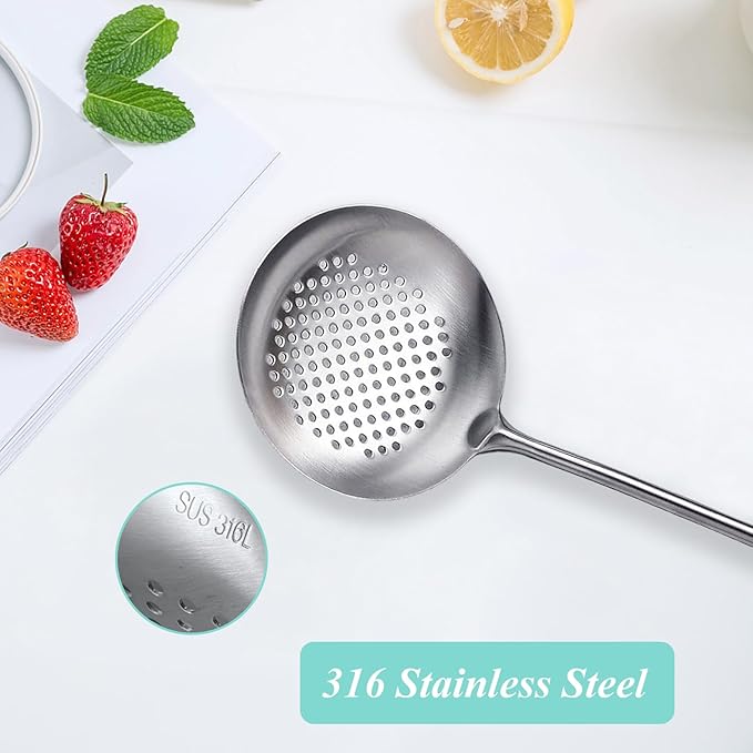Slotted Spoon, Stainless Steel Strainer Metal Skimmer Spoon for Cooking, Long Handle Food Strainer, Kitchen Utensil Large Fryer Scoop Spoon with Holes for Draining Stirring Serving Frying