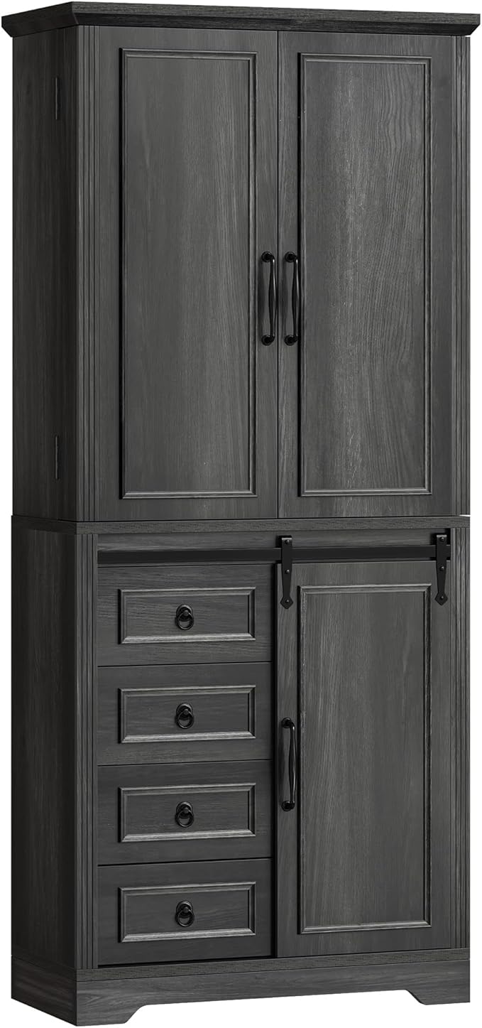 YITAHOME Pantry Cabinet, 71-Inch Tall Freestanding Storage Cabinet with 4 Drawers, Farmhouse Cupboard with Doors Storage, Adjustable Shelves, for Living Room, Dining Room, Gray Oak