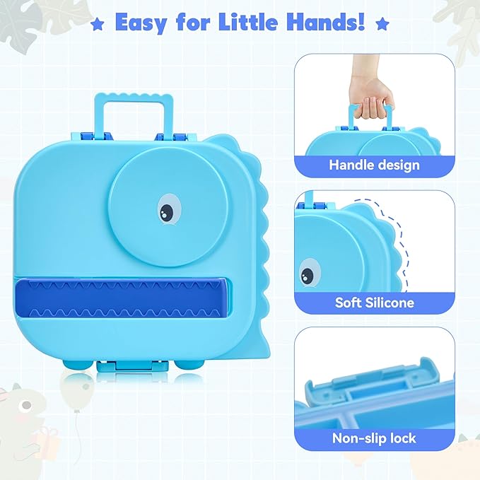 Bento Lunch Box with Thermo, 4-Compartment Bento Box with Adjustable Dividers, Leakproof Dinosaur Lunch Box with 14.2OZ Insulated Food Jar & Sauce Jar, for School Office Travel (Blue)