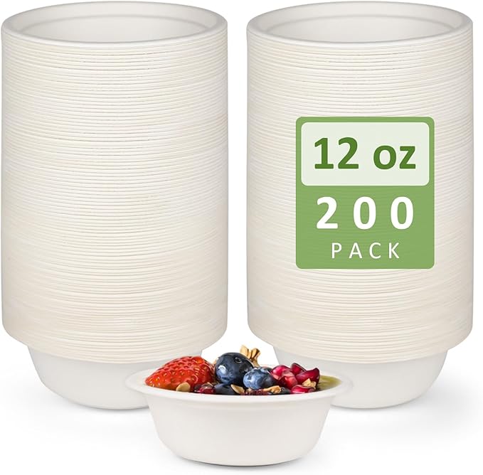 Heavy Duty Paper Bowls - 200 Pack, 12 oz, Eco-Friendly, Made of Natural Bagasse, Ideal for Hot Soup, Cereals, Milk, Salad, Dessert