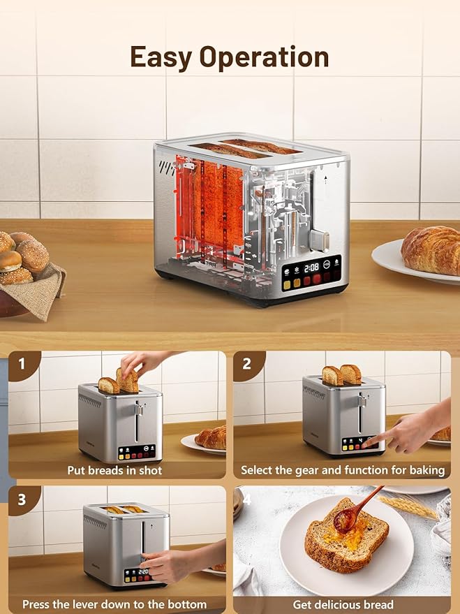Touch Screen 2-Slice Toaster with 6 Browning Levels, Bagel, Defrost & Timer, Wide 1.5" Slots, Removable Crumb Tray, 900W Stainless Steel Smart Toaster for Bagels, Breads & Waffles