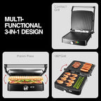OSTBA Panini Press Grill with Adjustable Temperature, 4-Slice Indoor Grill, 180° Open Sandwich Maker with Drip Tray, Non-Stick Plates, Stainless Steel, 1200W