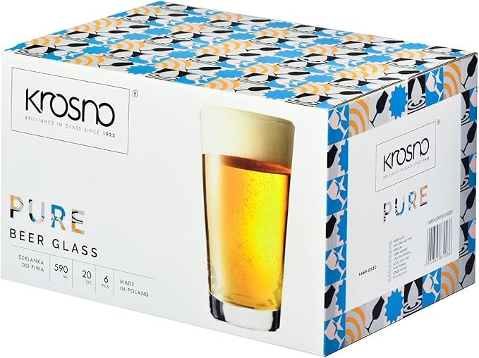 Krosno Classic Beer Glasses, Set of 6, 17.9 oz, Lager, Pilzner, Wheat Beer, Pint Glasses, Pure Collection, Dishwasher Safe, Made in Europe