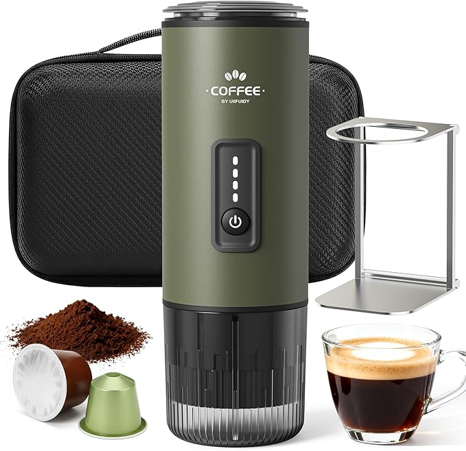 Portable Espresso Maker, 3 in 1 Coffee Maker Set with Carrying Bag and Coffee Stand, Coffee Machine Works with Ground Coffee & Capsule Pod, Self-Heating Brewer with USB-C for Travel, Hiking, Office